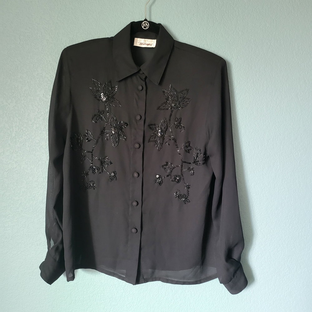 Vintage Worthington Sheer Beaded Black Embroidered Blouse 8 With Shoulder Pads